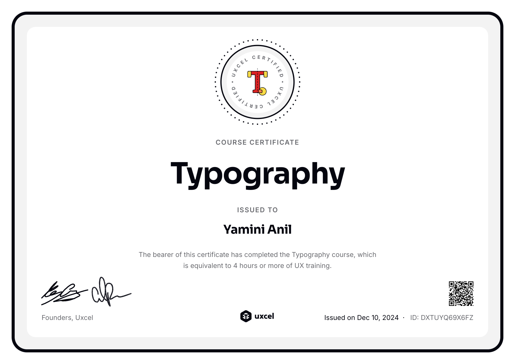 Yamini Anil's certificate